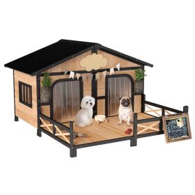Dog House Outdoor, Wooden Dog Kennel Weatherproof With Porch, Openable Roof, Removable Bottom, Elevated Floor, Double Room For 2 Small To Medium Breed