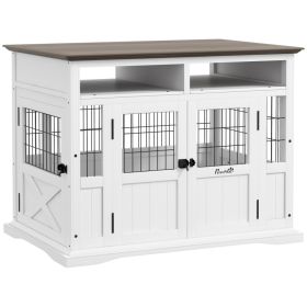 Dog Kennel Furniture Side End Table with Storage, Double Doors for Small and Medium Dogs, White