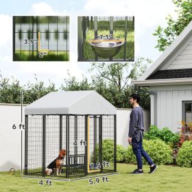 Outdoor Dog Kennel With Roof, Rotating & 4-Level Adjustable Bowls