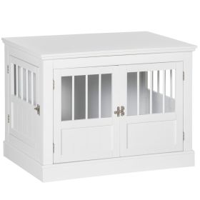 Wooden Dog Crate End Table, White, Triple Doors, Steel Tubes, for Small Dogs