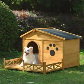 48" Wooden Dog House with Porch, Dog Kennel with Water-Resistant Asphalt Roof and Fencing; Outdoor or Indoor
