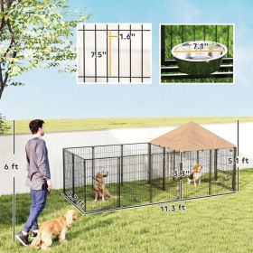 Large Outdoor Dog Kennel With Rotating & Adjustable Height Bowls, Waterproof & UV-Resistant Canopy
