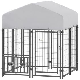 Welded Wire Outdoor Dog Kennel with 360° Rotating & 4 Levels Adjustable Bowls, Waterproof Cover (size: 3.9' X 3.9' X 4.5')