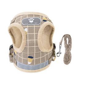 Mesh Harness and Leash Set, Reflective Chest Strap, Adjustable; Vest For Puppies, Dogs, and Cats Walking Outdoor (Option: LeashKhakiCheckeredXL)