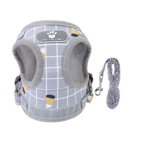 Mesh Harness and Leash Set, Reflective Chest Strap, Adjustable; Vest For Puppies, Dogs, and Cats Walking Outdoor (Option: LeashGreyCheckeredL)