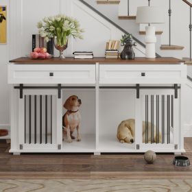 63'' Large Dog Crate Furniture For Double Dog, Wooden Dog Kennel With 2 Drawers,Divider And Sliding Door, Water Resistant Indoor Pets Furniture Style (Option: Brown white)