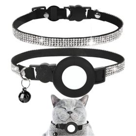 Rhinestone Decor Pet Collar with Airtag Tracker Case (Color: Black, type: Pet Supplies)
