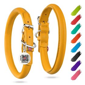 Ultra Soft Rolled Leather Dog Collar Soft Padded Dog Collars for Medium or Large Dogs 18-21 inch Neck (Color: Yellow)