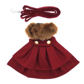Wool Fur-Trimmed Dog Harness Coat With Matching Leash (Color: Burgundy, size: X-Large)